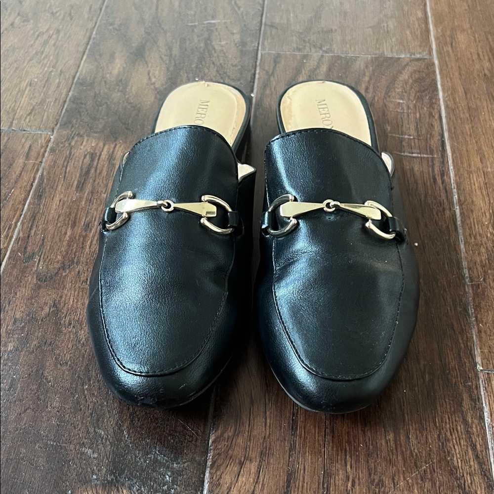 Black Mules with Gold Buckle